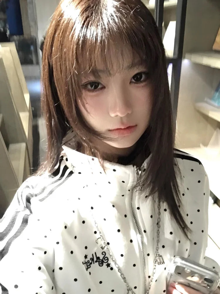 Japanese Style Polka Dot Jacket Women's Spring New Sport Stand Collar Sweatshirt Open Cardigan Y2K Light Asian Style Top