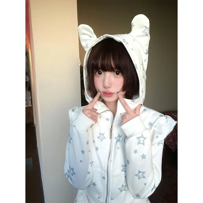 Cute Skull Ear Hoodie Sweatshirt Set Spring Long Sleeve Zipper Closure Matching Tulle Pants Two-Piece Set Fashionable Outfit