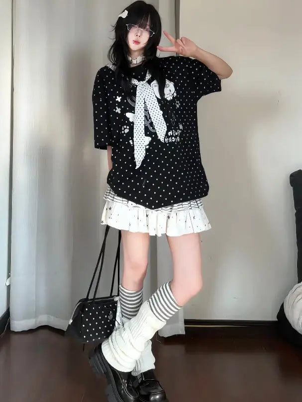 Cute  Polka Dot Tie Splice Short Sleeve T-Shirt Women Summer Loose Top Adorable Checkered Pattern round Neck Pullover