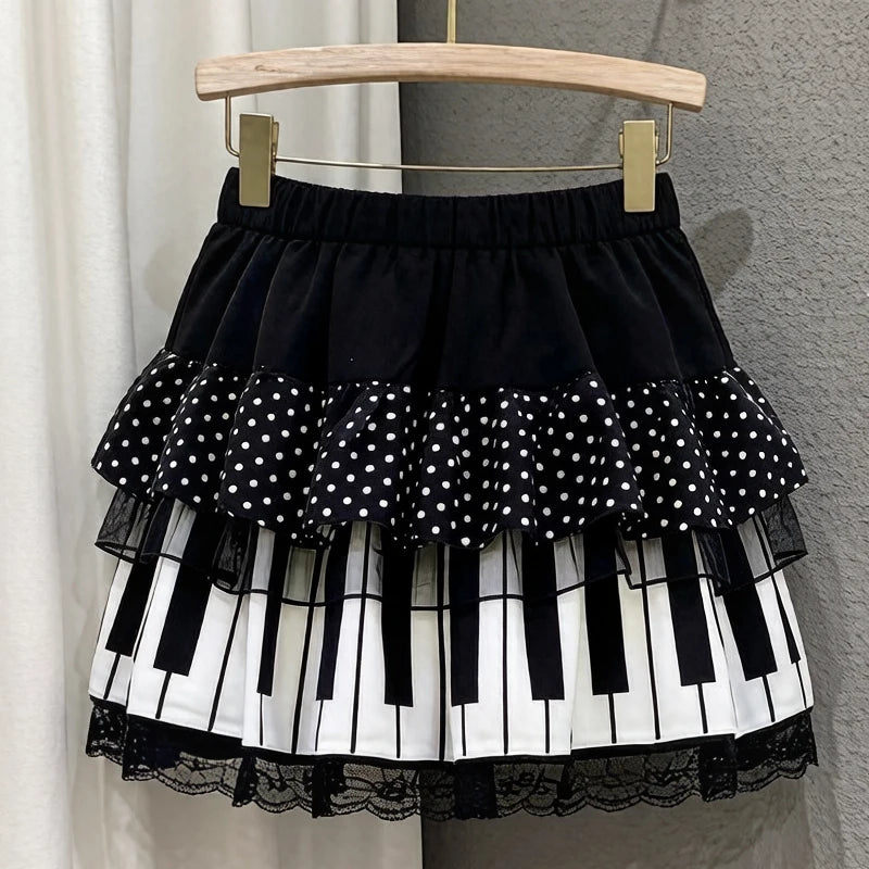 Harajuku Subculture Punk Retro Black And White Piano Keys White Polka-dot Lace Stitching Skirt Sexy Ruffled Waist Skirt Female