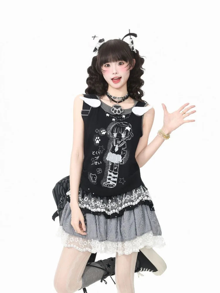 Japanese Style Kawaii Women Tank Tops Cute Anime Fake Two-piece Tops White Black Sleeveless Camis Juminocore Sweet Y2k
