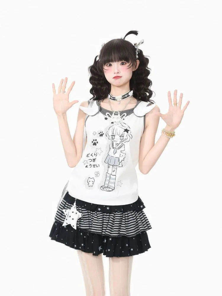 Japanese Style Kawaii Women Tank Tops Cute Anime Fake Two-piece Tops White Black Sleeveless Camis Juminocore Sweet Y2k
