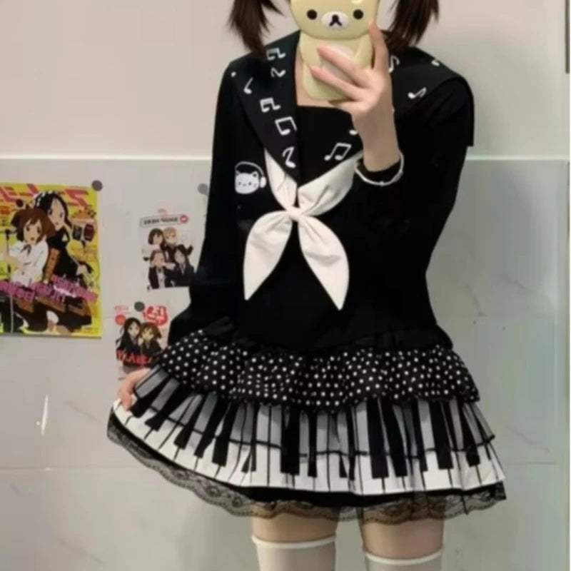 Harajuku Subculture Punk Retro Black And White Piano Keys White Polka-dot Lace Stitching Skirt Sexy Ruffled Waist Skirt Female