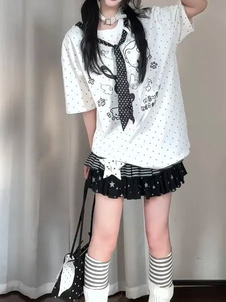 Cute  Polka Dot Tie Splice Short Sleeve T-Shirt Women Summer Loose Top Adorable Checkered Pattern round Neck Pullover