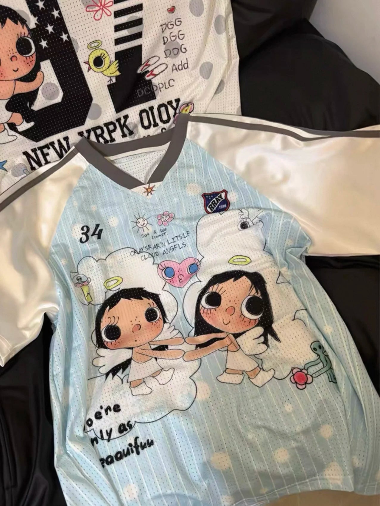 Cute Cartoon Polka Dot Print Short Sleeve Women's T-shirt Summer New Loose Thin Breathable Top Skin-friendly V-neck T-shirt