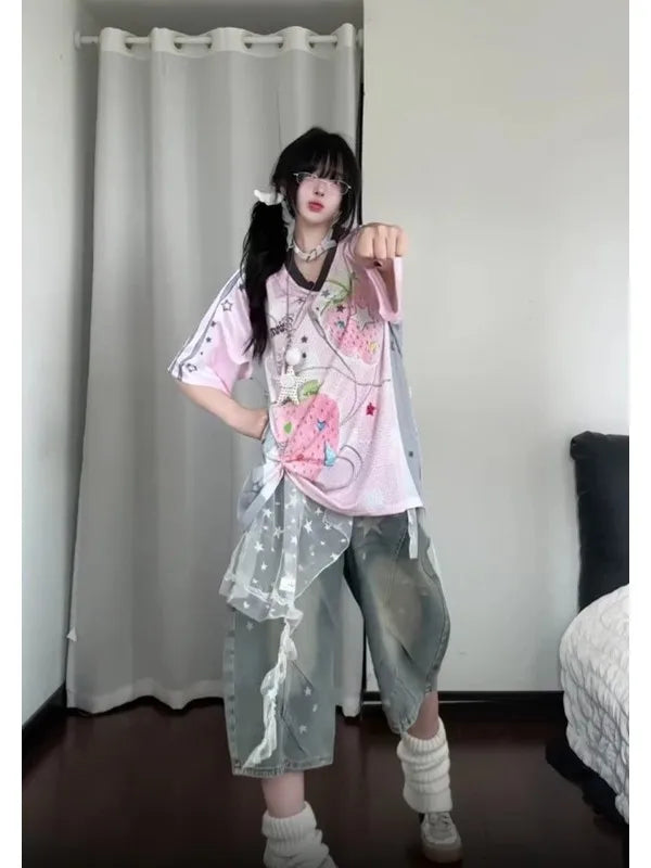 Y2K Style Fruit Pattern Short Sleeve T-Shirt Women's Loose Korean Style Summer Top Fun Print Casual American Feeling