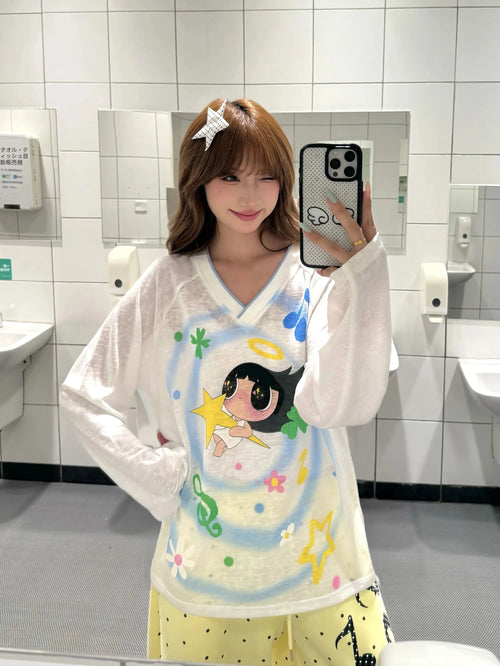 BeOurRule Long Sleeve T-Shirt Women's Y2K Slim Fit Printed V-Neck Shoulder Insert Design Casual Fashion Polyester Blend Top