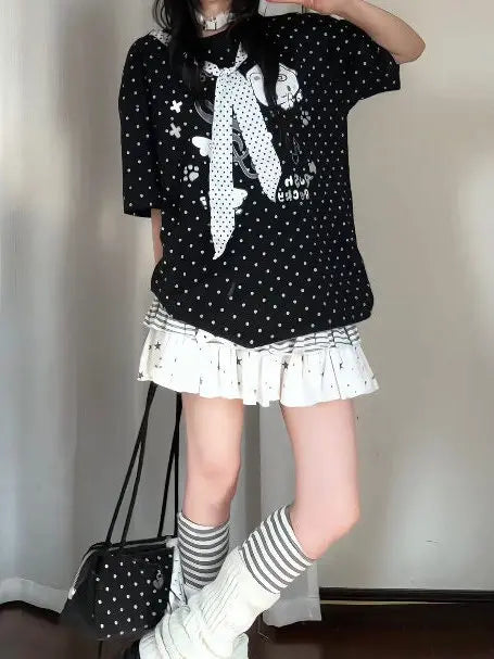 Cute  Polka Dot Tie Splice Short Sleeve T-Shirt Women Summer Loose Top Adorable Checkered Pattern round Neck Pullover