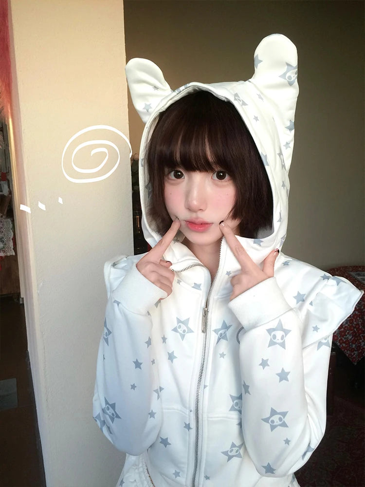 Cute Skull Ear Hoodie Sweatshirt Set Spring Long Sleeve Zipper Closure Matching Tulle Pants Two-Piece Set Fashionable Outfit