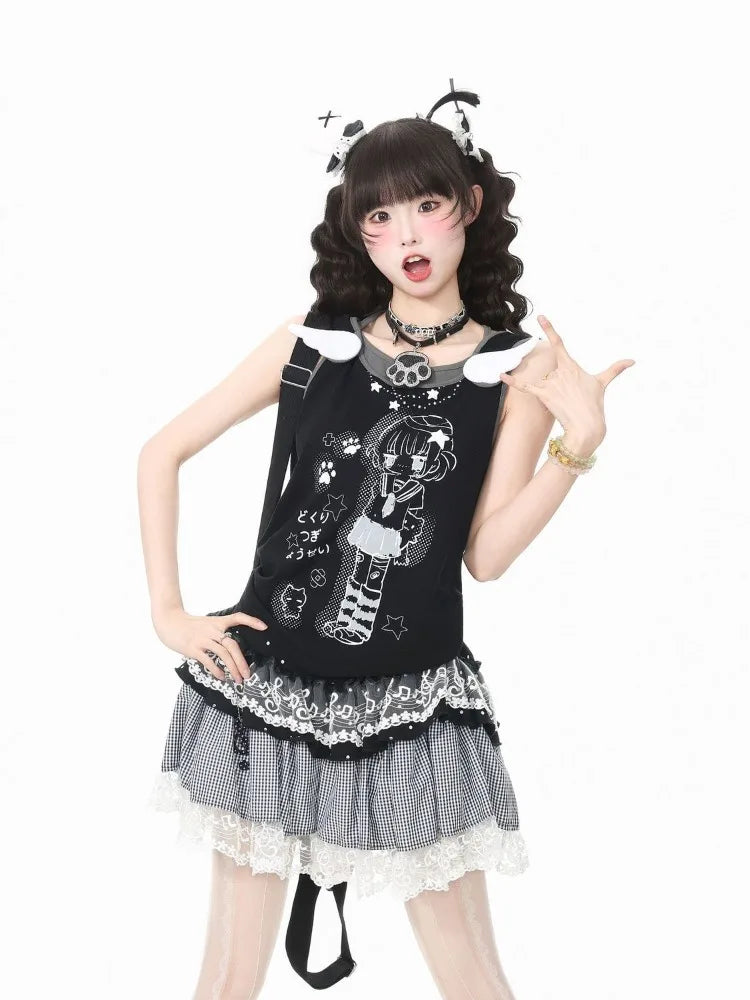 Japanese Style Kawaii Women Tank Tops Cute Anime Fake Two-piece Tops White Black Sleeveless Camis Juminocore Sweet Y2k
