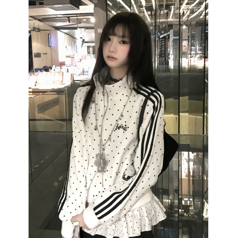 Japanese Style Polka Dot Jacket Women's Spring New Sport Stand Collar Sweatshirt Open Cardigan Y2K Light Asian Style Top