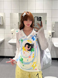 BeOurRule Long Sleeve T-Shirt Women's Y2K Slim Fit Printed V-Neck Shoulder Insert Design Casual Fashion Polyester Blend Top