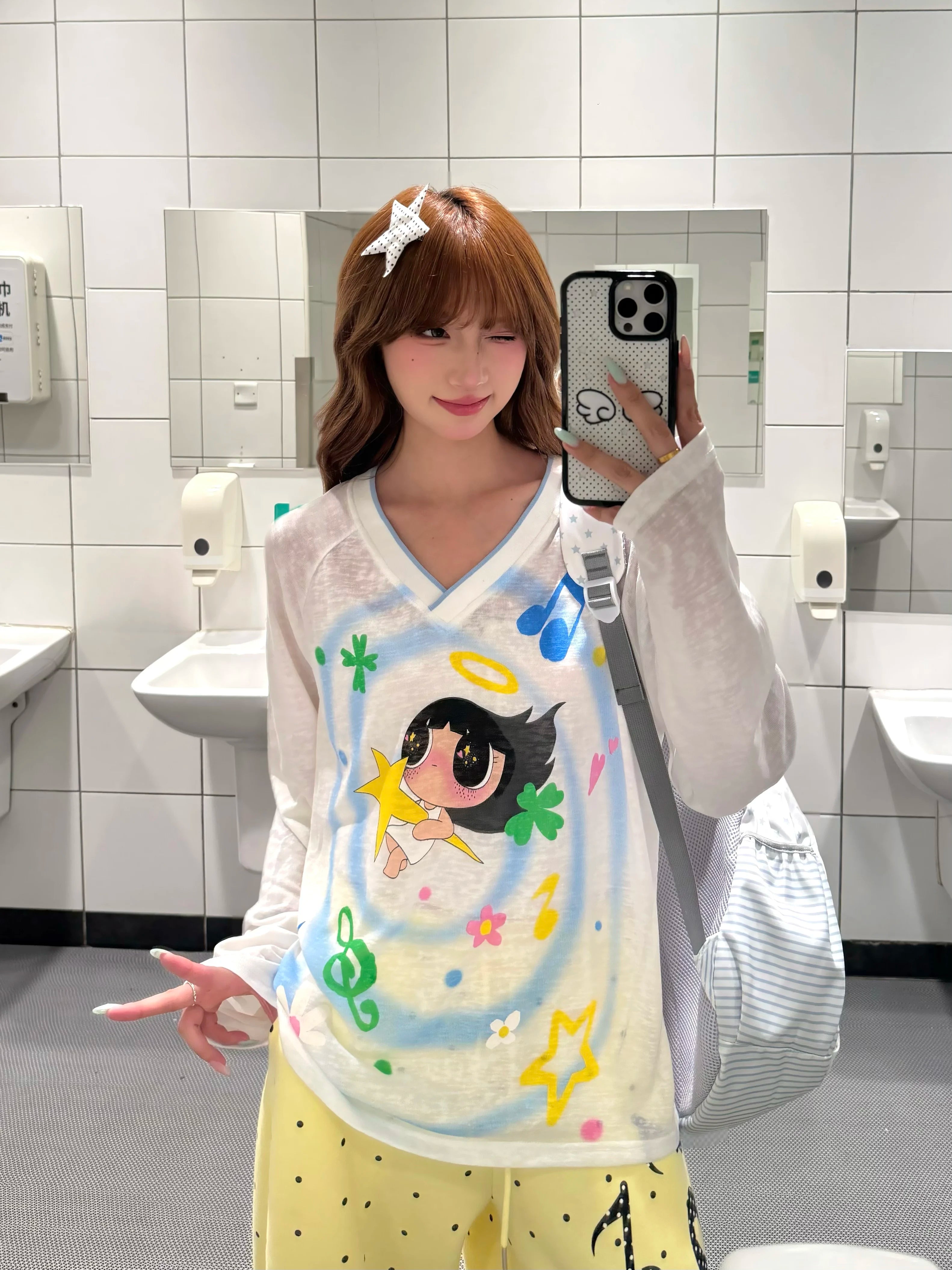BeOurRule Long Sleeve T-Shirt Women's Y2K Slim Fit Printed V-Neck Shoulder Insert Design Casual Fashion Polyester Blend Top