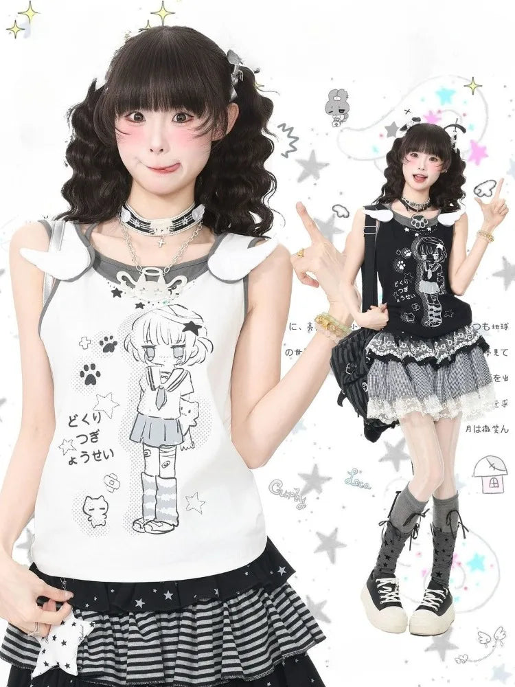 Japanese Style Kawaii Women Tank Tops Cute Anime Fake Two-piece Tops White Black Sleeveless Camis Juminocore Sweet Y2k