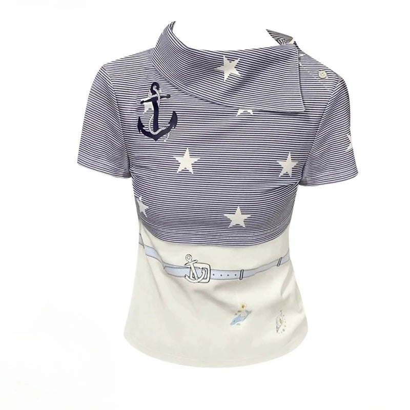 Striped Graphic Women T-Shirts White Sweet Star Print Short Sleeve Tees Korean Fashion Slim Aesthetic Tops Casual Gyaru