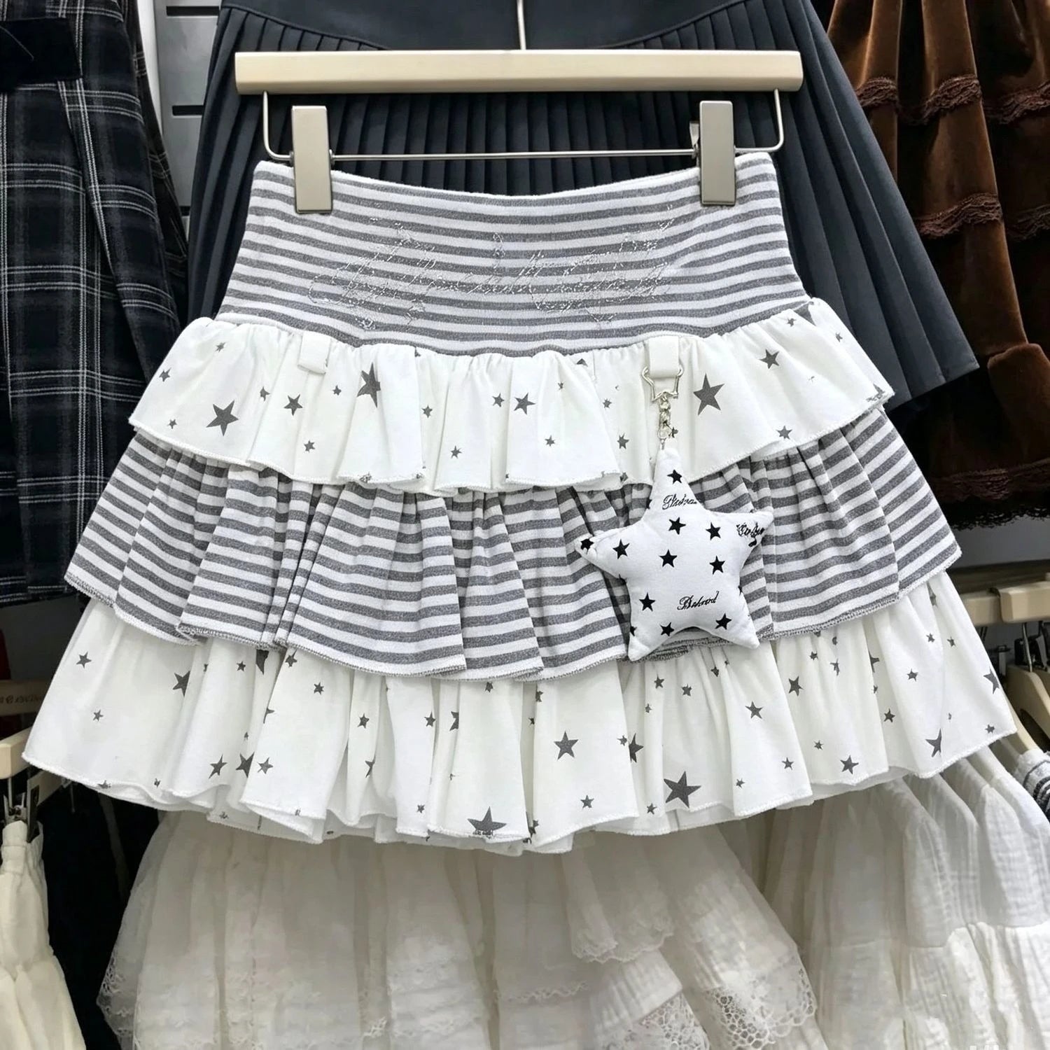 2000S Vintage Striped Patchwork Y2K Pleated Skirts Women Harajuku Y2k Lolita Mini Skirt High Waist Japan Style Cake Skirts Chic