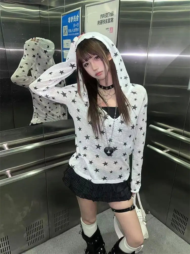 Japanese Y2k Hooded T-shirt Vintage 2000s Style Tops Grunge Harajuku Star Print Long Sleeves T Shirt Korean Streetwear