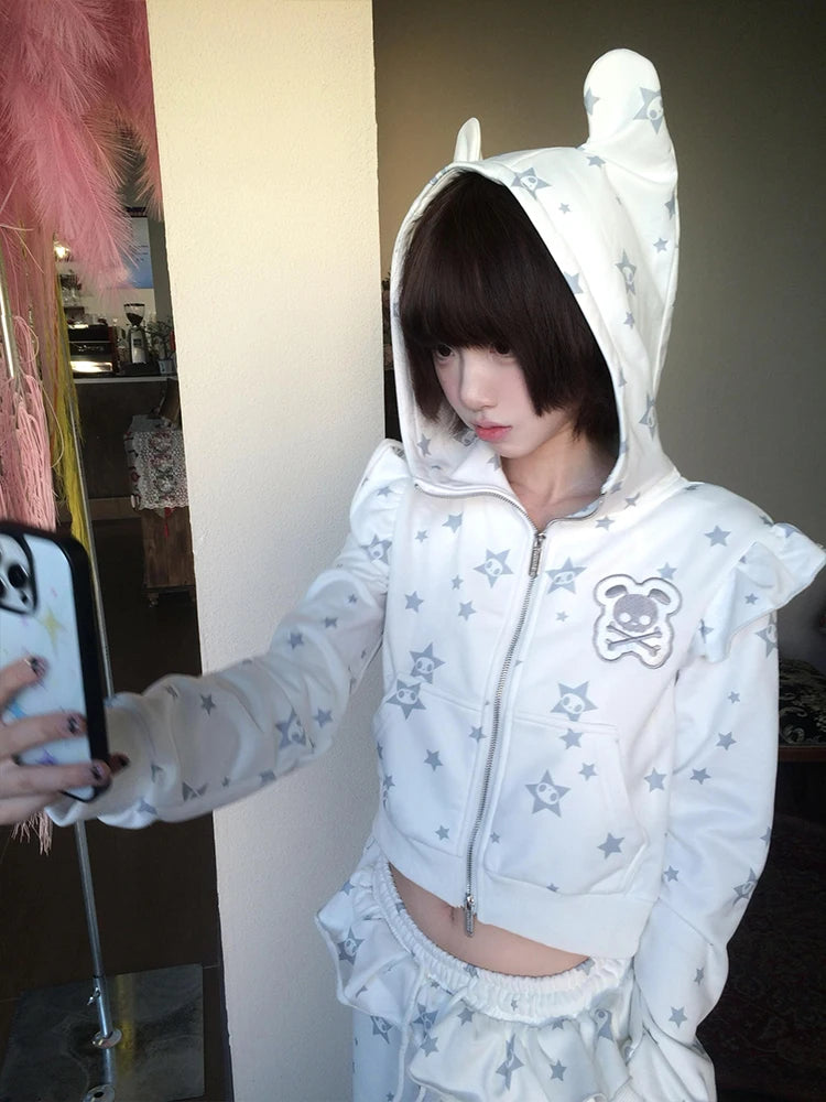 Cute Skull Ear Hoodie Sweatshirt Set Spring Long Sleeve Zipper Closure Matching Tulle Pants Two-Piece Set Fashionable Outfit