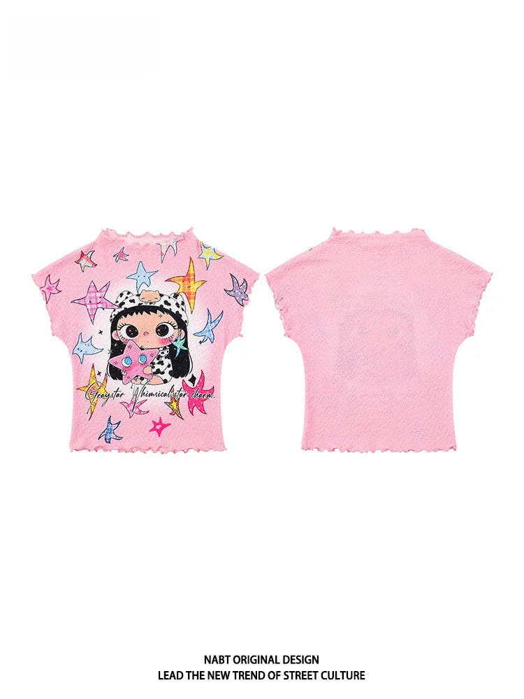 Original Cartoon Star Cool Sweet Style Short Sleeve Slim Fit Women's T-shirt Summer Home Cute Short Top with Wood Grain