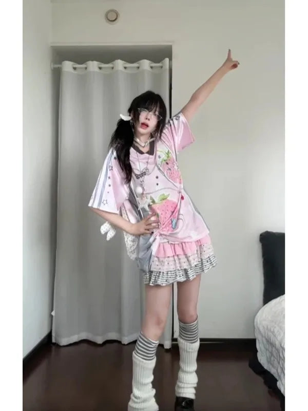Y2K Style Fruit Pattern Short Sleeve T-Shirt Women's Loose Korean Style Summer Top Fun Print Casual American Feeling