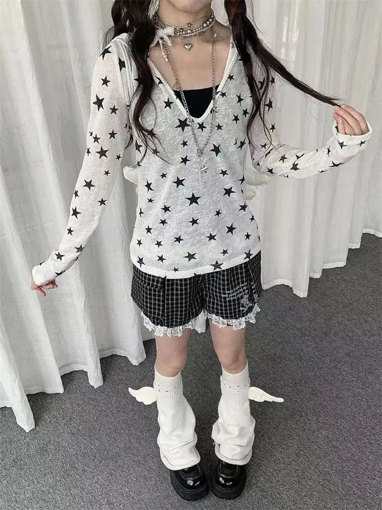Japanese Y2k Hooded T-shirt Vintage 2000s Style Tops Grunge Harajuku Star Print Long Sleeves T Shirt Korean Streetwear