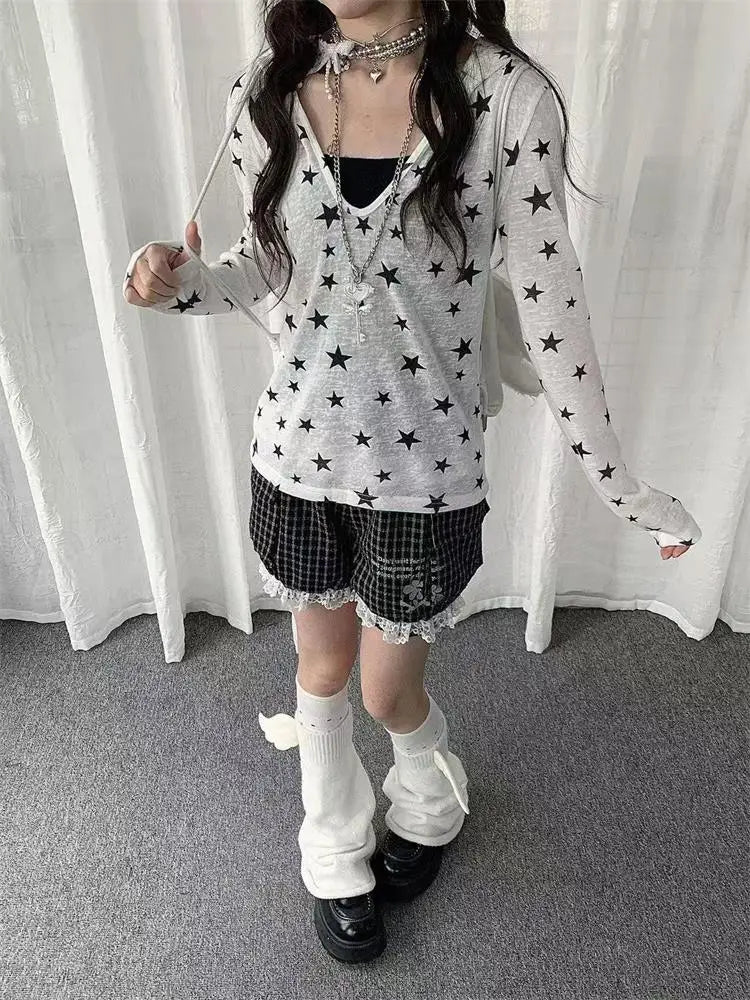 Japanese Y2k Hooded T-shirt Vintage 2000s Style Tops Grunge Harajuku Star Print Long Sleeves T Shirt Korean Streetwear