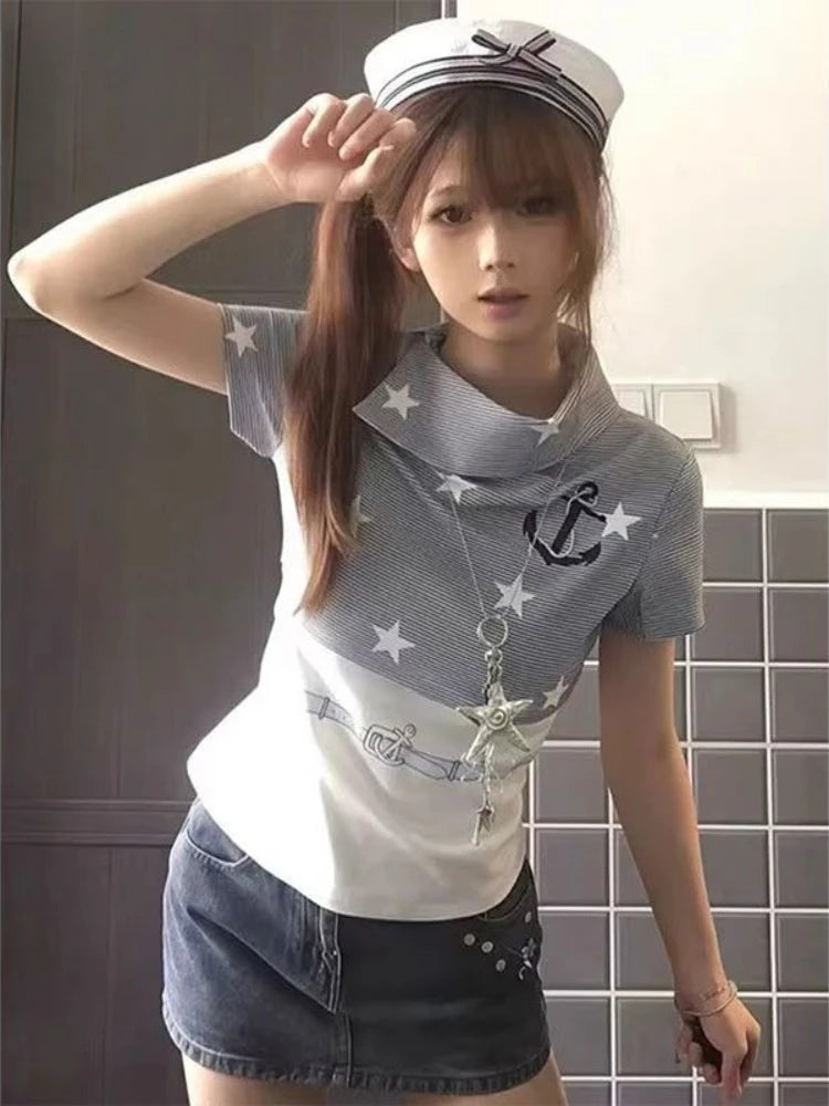 Striped Graphic Women T-Shirts White Sweet Star Print Short Sleeve Tees Korean Fashion Slim Aesthetic Tops Casual Gyaru