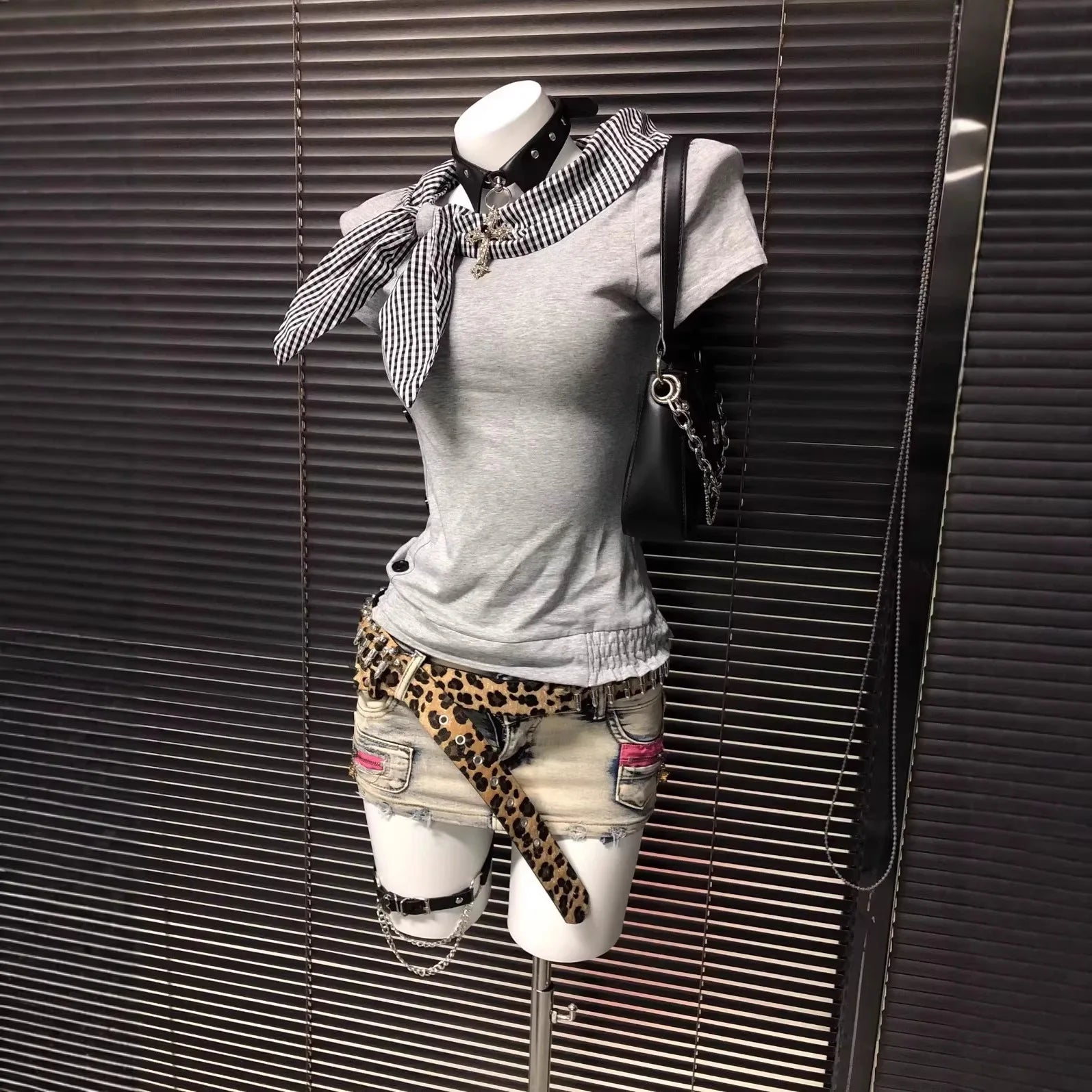 Richgirl American Retro Style Irregular Short-Sleeved T-Shirt Millennium Subculture Vintage Plaid Navy Collar Top