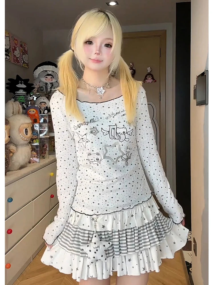 Y2K Style Star Print Long Sleeve Short T-Shirt Women's Slim Fit Large Collar Sexy Girl Top Breathable Cotton Polyester Blend