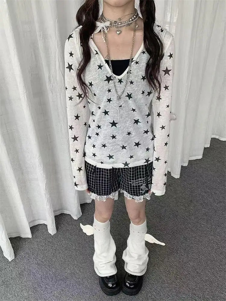 Japanese Y2k Hooded T-shirt Vintage 2000s Style Tops Grunge Harajuku Star Print Long Sleeves T Shirt Korean Streetwear