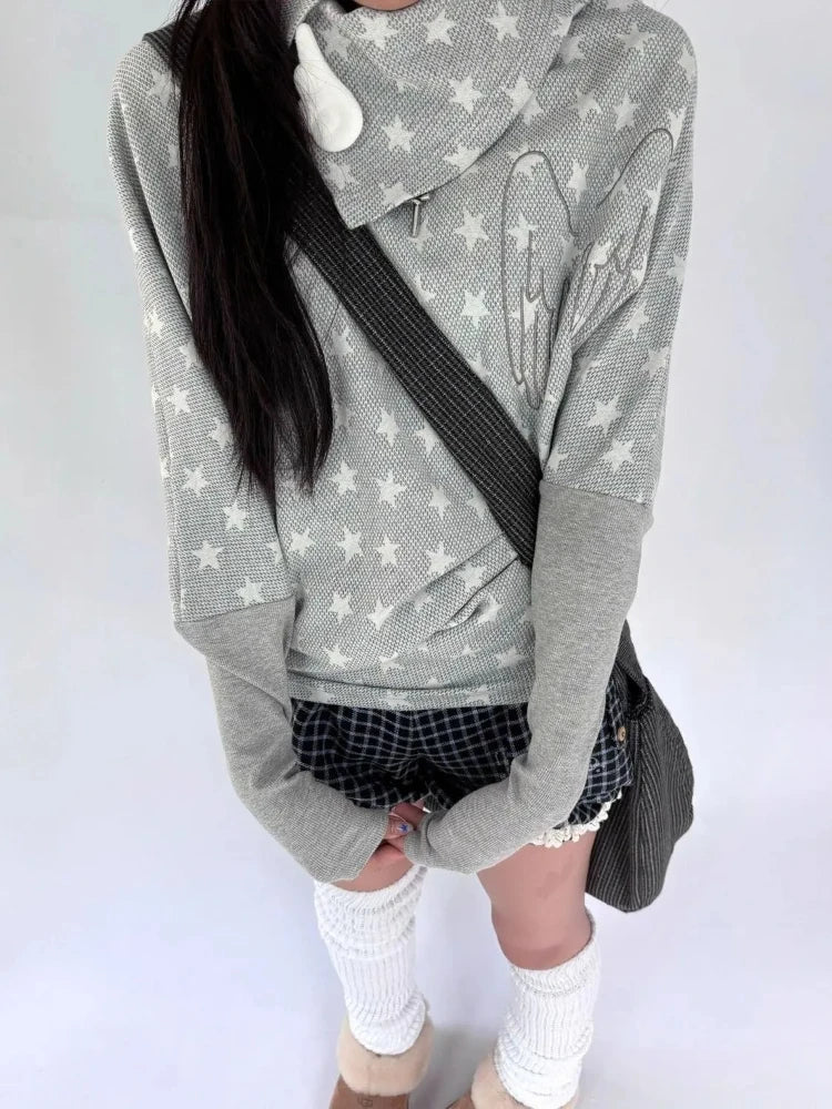 Winter Korean Vintage Irregular Warm Tops Women Stacked Collar Long Sleeve Loose Sweatshirt Retro Fashion Star Print Sweater New