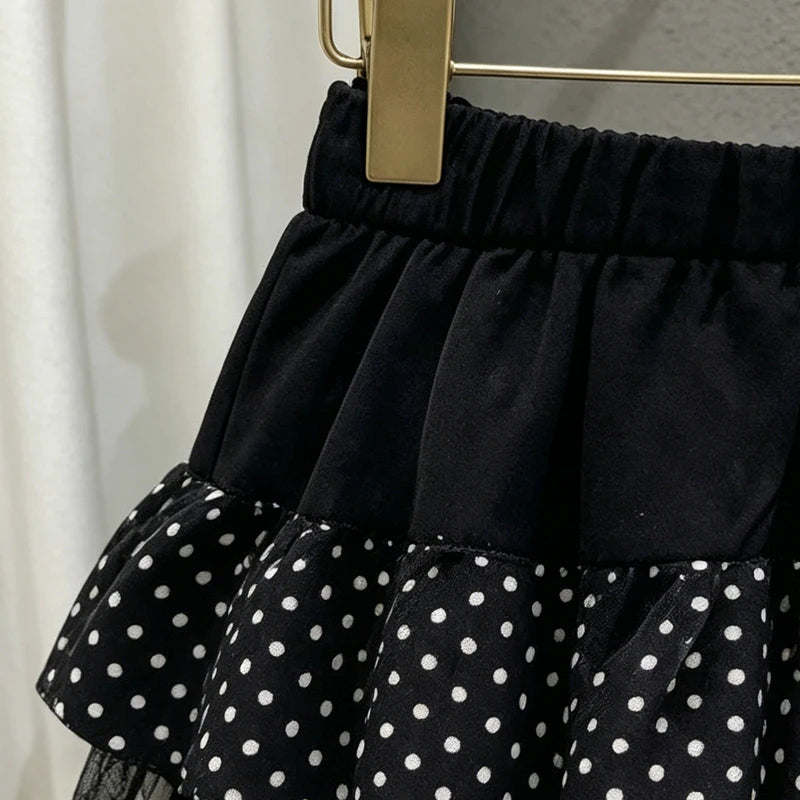 Harajuku Subculture Punk Retro Black And White Piano Keys White Polka-dot Lace Stitching Skirt Sexy Ruffled Waist Skirt Female
