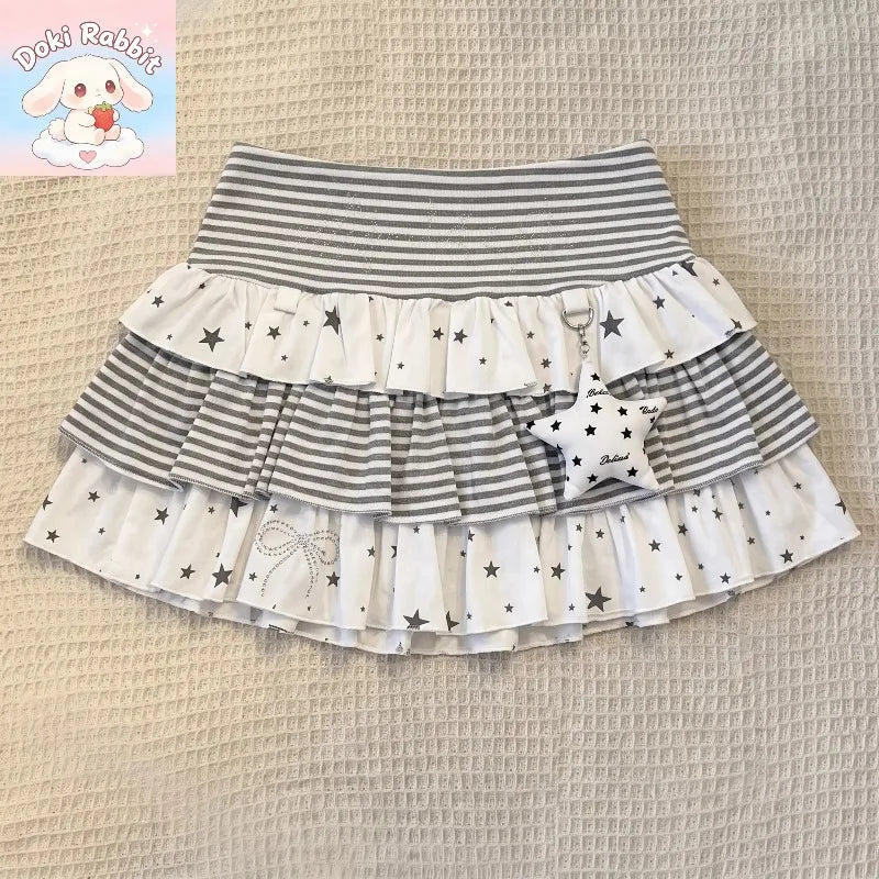 Summer Y2k Harajuku Mini Skirt Women High Waist Ruffle Trim Casual Party Music Festival Wear Korean Popular Kawaii Lolita Skirt