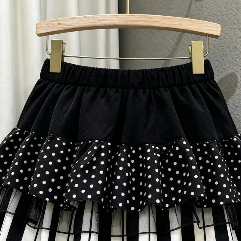 Harajuku Subculture Punk Retro Black And White Piano Keys White Polka-dot Lace Stitching Skirt Sexy Ruffled Waist Skirt Female