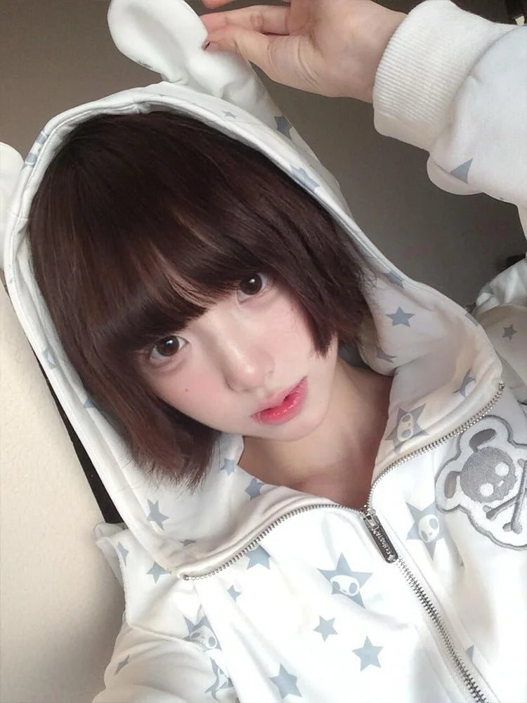 Cute Skull Ear Hoodie Sweatshirt Set Spring Long Sleeve Zipper Closure Matching Tulle Pants Two-Piece Set Fashionable Outfit