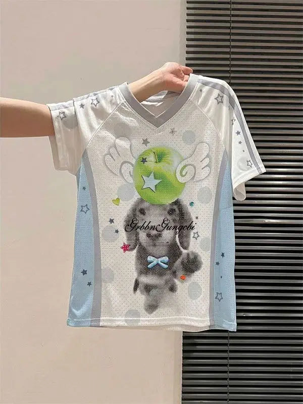 Korean Style Loose Fit Short Sleeve T-Shirt Unisex Comfortable Cotton Polyester Blend Print Contrast Color Block Trendy Top