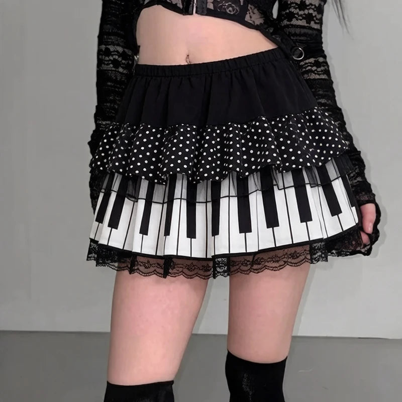 Harajuku Subculture Punk Retro Black And White Piano Keys White Polka-dot Lace Stitching Skirt Sexy Ruffled Waist Skirt Female