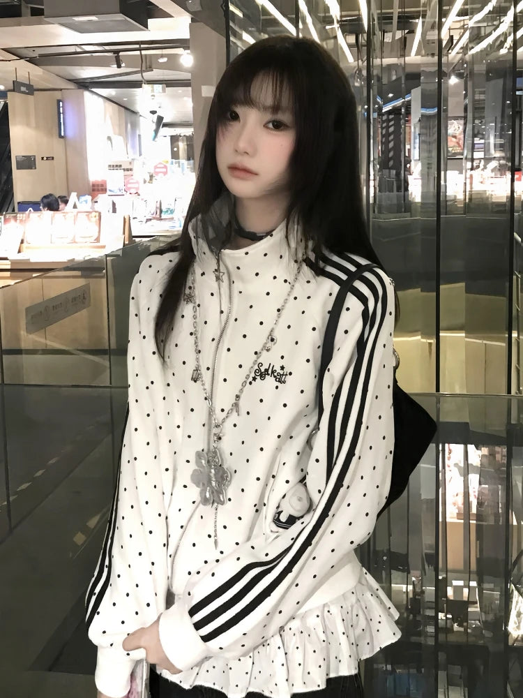 Japanese Style Polka Dot Jacket Women's Spring New Sport Stand Collar Sweatshirt Open Cardigan Y2K Light Asian Style Top