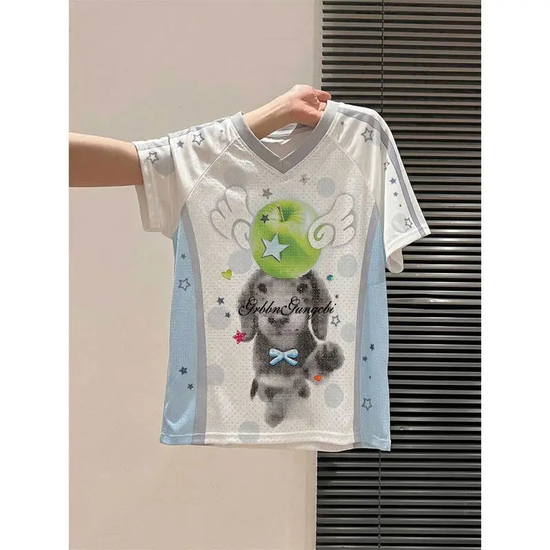 Korean Style Loose Fit Short Sleeve T-Shirt Unisex Comfortable Cotton Polyester Blend Print Contrast Color Block Trendy Top