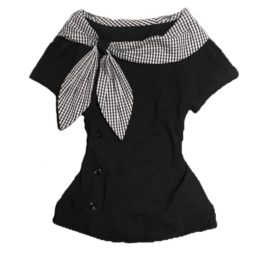 Richgirl American Retro Style Irregular Short-Sleeved T-Shirt Millennium Subculture Vintage Plaid Navy Collar Top
