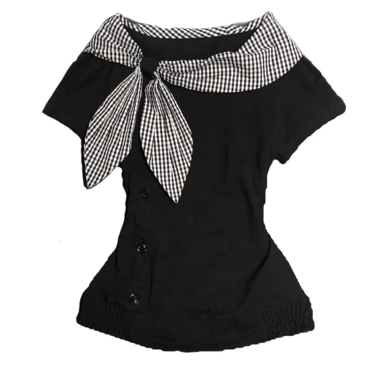 Richgirl American Retro Style Irregular Short-Sleeved T-Shirt Millennium Subculture Vintage Plaid Navy Collar Top