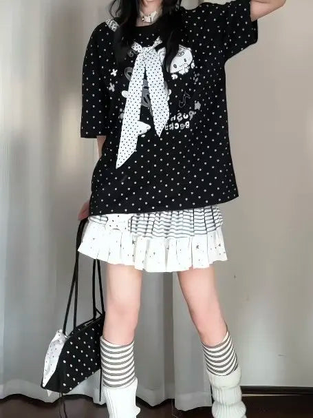 Cute  Polka Dot Tie Splice Short Sleeve T-Shirt Women Summer Loose Top Adorable Checkered Pattern round Neck Pullover