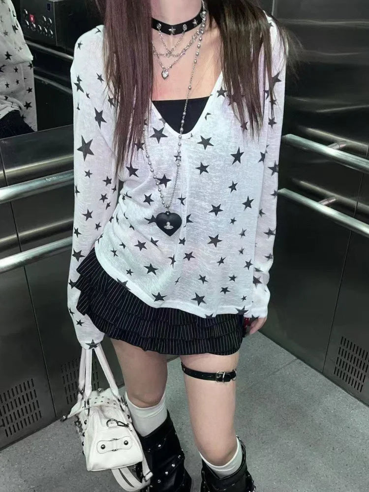 Japanese Y2k Hooded T-shirt Vintage 2000s Style Tops Grunge Harajuku Star Print Long Sleeves T Shirt Korean Streetwear