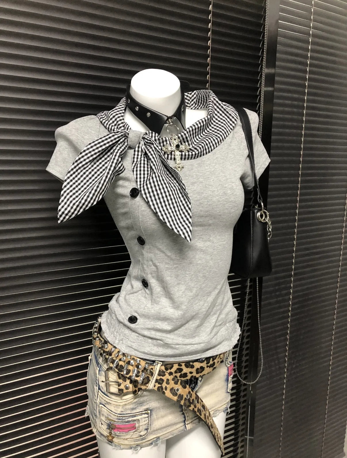 Richgirl American Retro Style Irregular Short-Sleeved T-Shirt Millennium Subculture Vintage Plaid Navy Collar Top