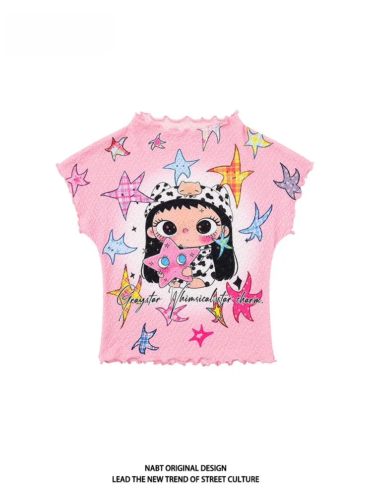 Original Cartoon Star Cool Sweet Style Short Sleeve Slim Fit Women's T-shirt Summer Home Cute Short Top with Wood Grain