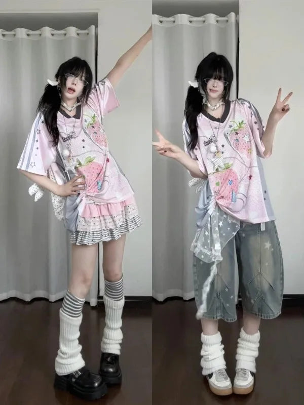 Y2K Style Fruit Pattern Short Sleeve T-Shirt Women's Loose Korean Style Summer Top Fun Print Casual American Feeling