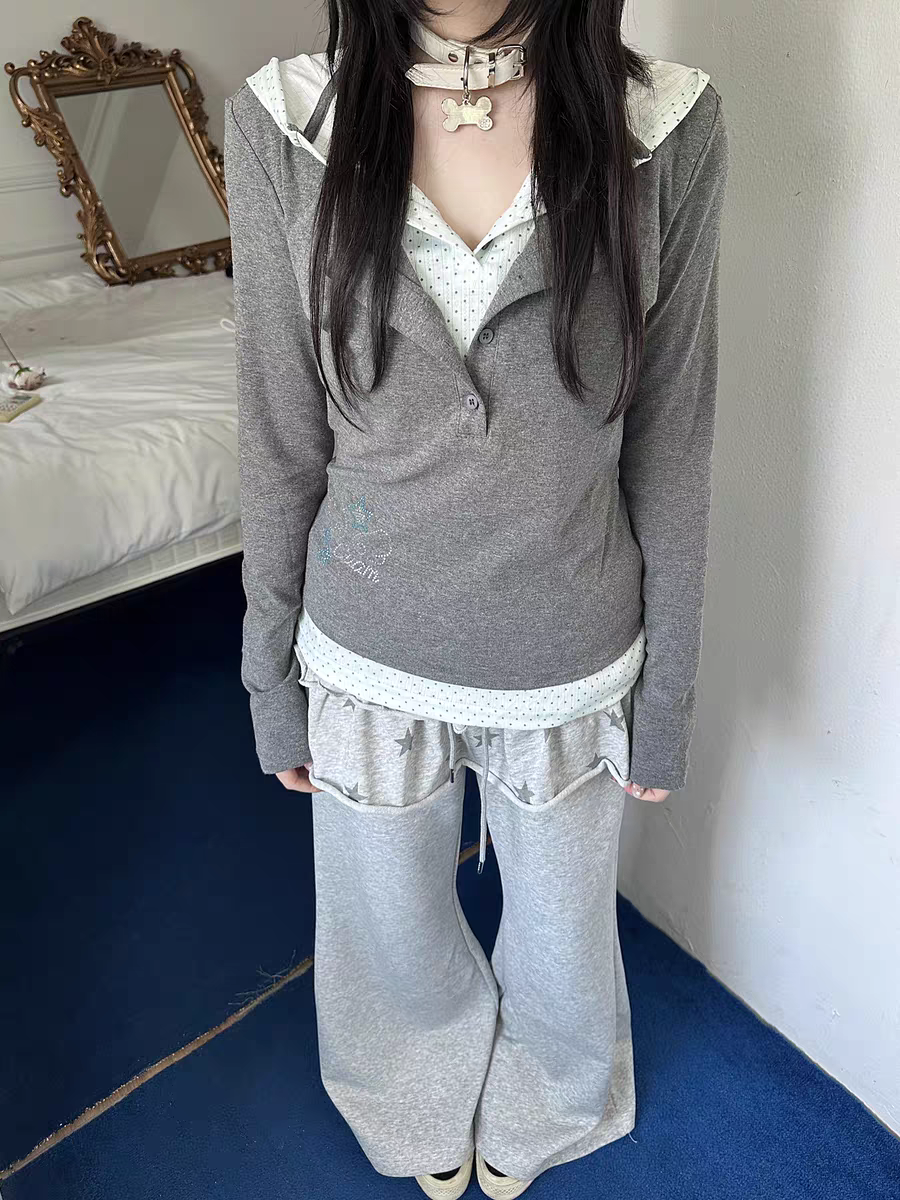 American Retro Y2K Polka Dot Patchwork Faux Two-Piece Long Sleeve T-Shirt Women's Subculture Slim Fit Hooded Sweatshirt