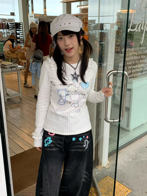 Japanese Y2k Anime Print Knitted Tops 2000s Aesthetics Long Sleeve T-shirt Cutecore Polka Dots Ribbed Tops Kawaii Cat