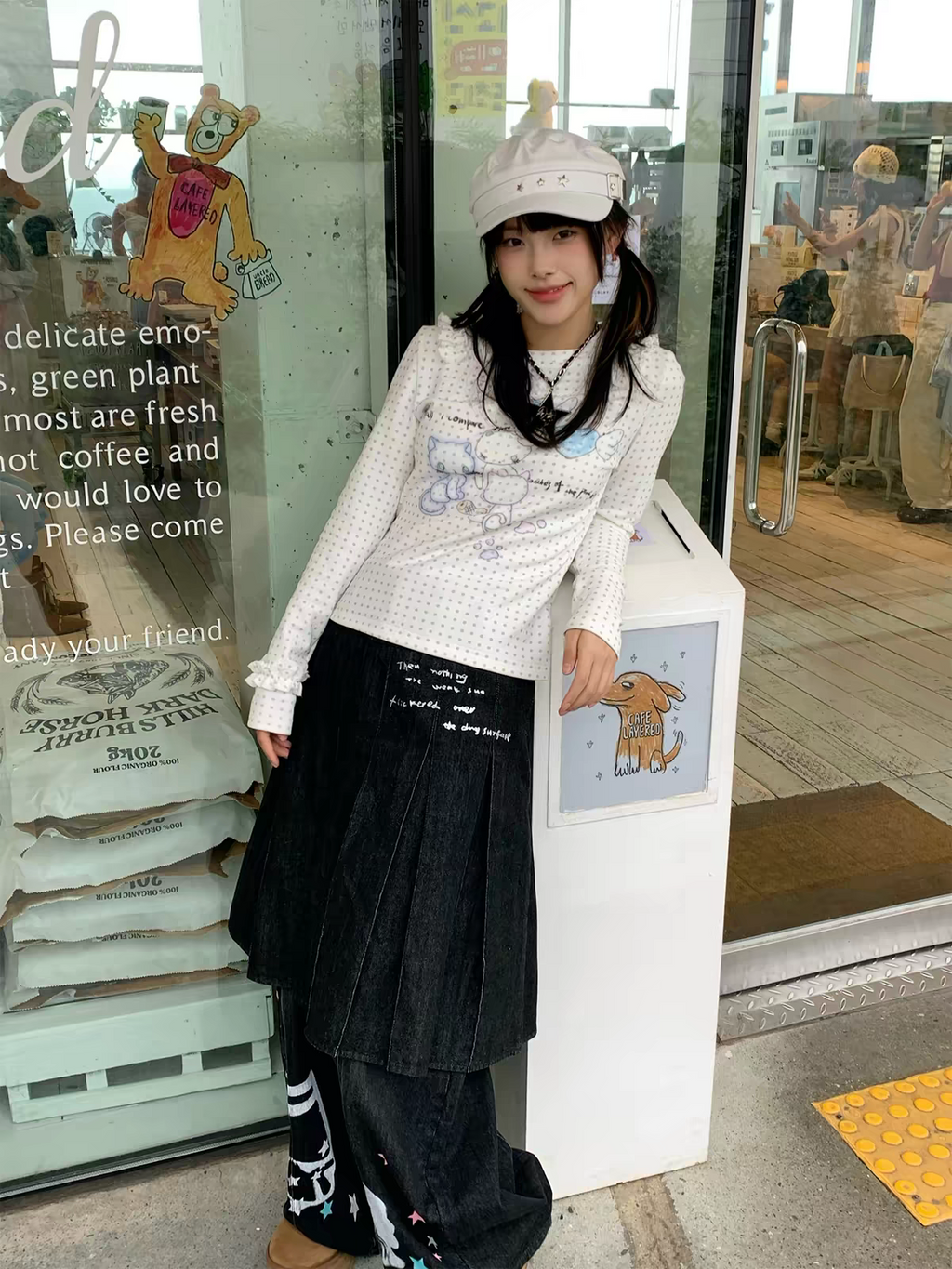 Japanese Y2k Anime Print Knitted Tops 2000s Aesthetics Long Sleeve T-shirt Cutecore Polka Dots Ribbed Tops Kawaii Cat