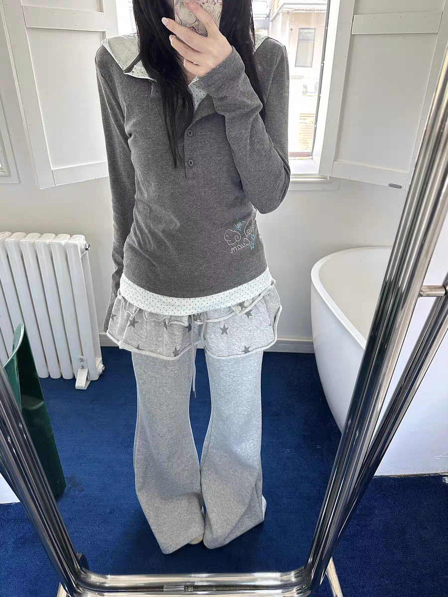 American Retro Y2K Polka Dot Patchwork Faux Two-Piece Long Sleeve T-Shirt Women's Subculture Slim Fit Hooded Sweatshirt